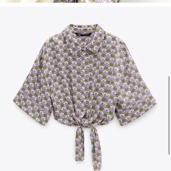 Zara Pineapple Satin Tie Front Top Small - Picture 2 of 9